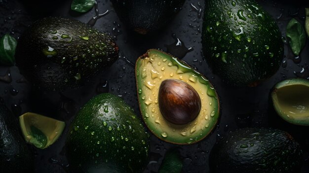 A close up of an avocado with water droplets on it