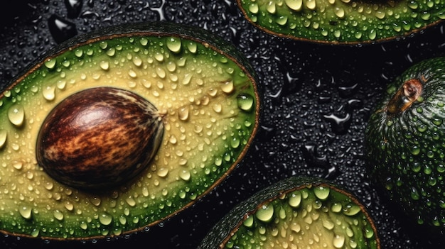 A close up of an avocado with water droplets on it