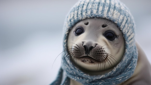 Close up of baby seal wearing knitted hat and scarf