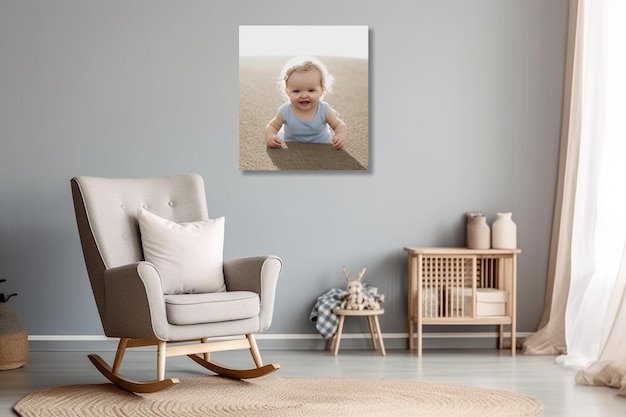 A close up of a baby sitting in a rocking chair in a room generative ai