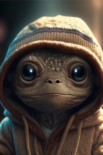 Premium Photo  A close up of a baby yoda with a hood and large