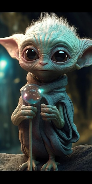 a close up of a baby yodah holding a wand generative ai