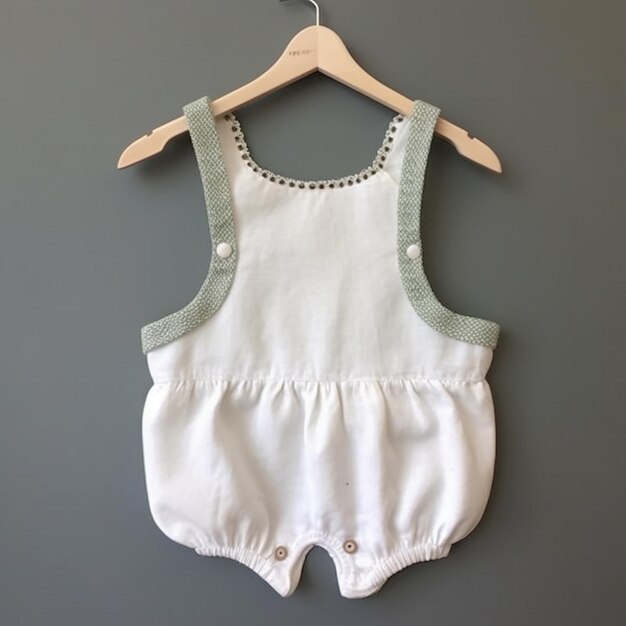 a close up of a babys white romper with green trim generative ai