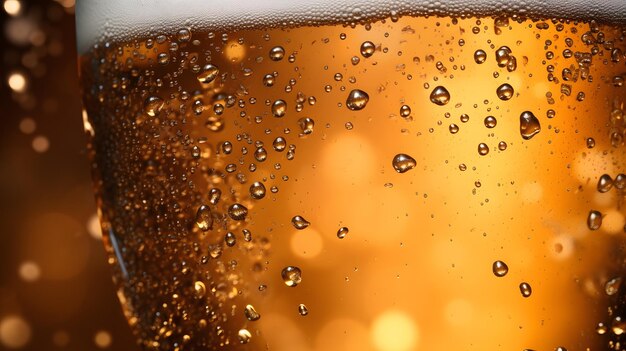 Close up background of beer with bubbles in glass