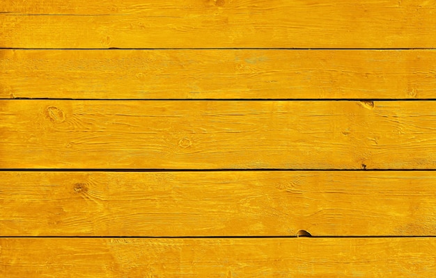 Close up background texture of warm yellow vintage weathered painted wooden planks rustic style wall panel