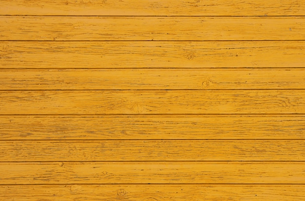 Close up background texture of warm yellow vintage weathered painted wooden planks, rustic style wall panel