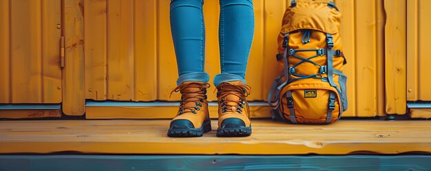 Close up of backpack and legs with walking boots on yellow background Hiking and camping equipment travel concept Flat lay banner with copy space