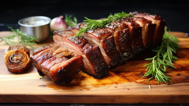Foto close up bacon plakjes varkensvlees varkensbuik met rozemarijn op een houten plank