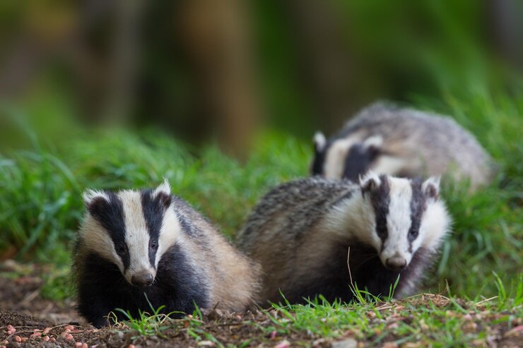 Photo close-up of badgers on grassy field