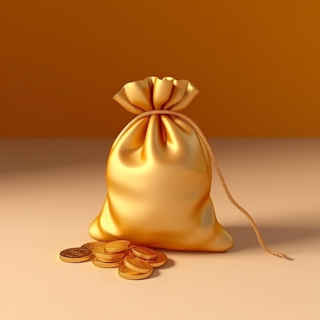 A close up of a bag of gold coins with a bow generative ai