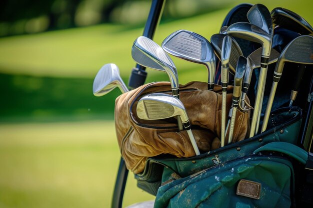 Close Up of a Bag of Golf Clubs A golf club bag filled with various clubs on a golf cart AI Generated