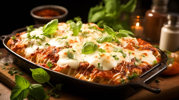 Photo close up of a baked pasta dish with bolognese sauce