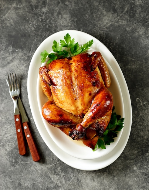 Close-up of a baked whole chicken