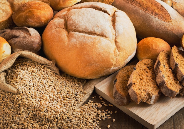 close-up on bakery products on wooden table