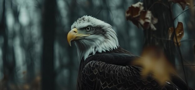 close up a bald eagle sitting in the forest