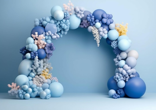 Photo a close up of a balloon arch with blue and white balloons generative ai