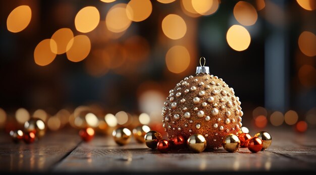 Close up of balls on christmas tree Bokeh garlands in the background New Year concept