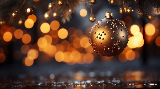 Close up of balls on christmas tree Bokeh garlands in the background New Year concept