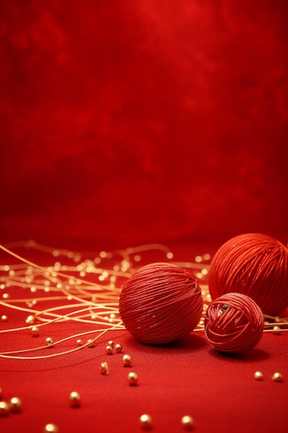 close up balls of yarn levitate on a new year theme red background with gold bohem effect