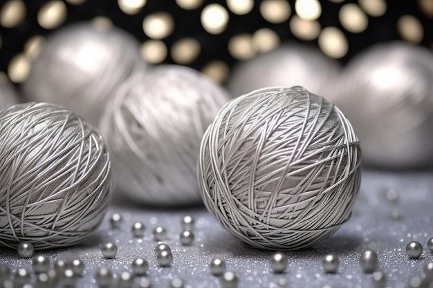 close up balls of yarn levitate on a new year theme silver background with bohem effect