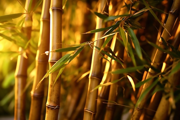 Close up of bamboo stems with the light shining on them