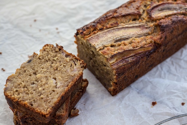 close-up of banana bread on table