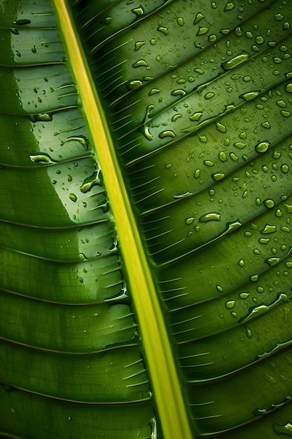 A close up of a banana leaf with water drops on it.