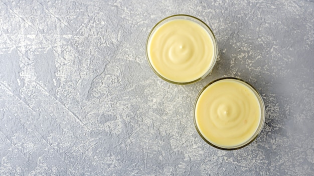 Close-up of banana yogurt in a glass