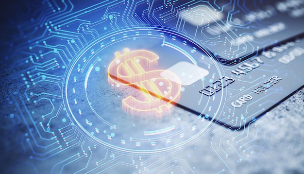 close up of bank cards and glowing digital dollar in circular tech hologram on blurry desk background crypto security concept double exposure