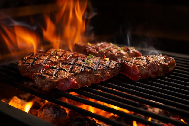 Foto close-up barbecue steak op vlammen koken en eten