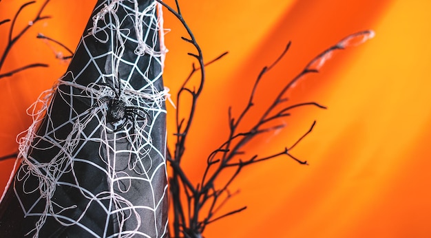 Foto close-up di un ramo di albero nudo contro un cielo arancione