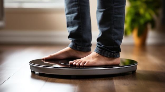 Close up of barefoot woman in jeans standing on a weight scale in the living room