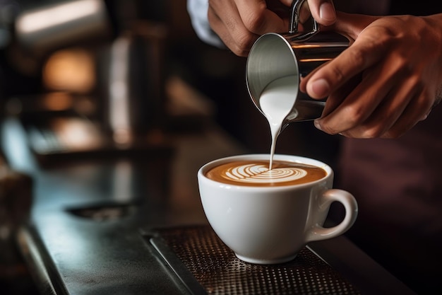 Close-up barista handen maken koffie AI gegenereerd