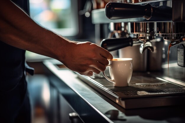 コーヒーを作るバースタの手を近づける AIが生成した