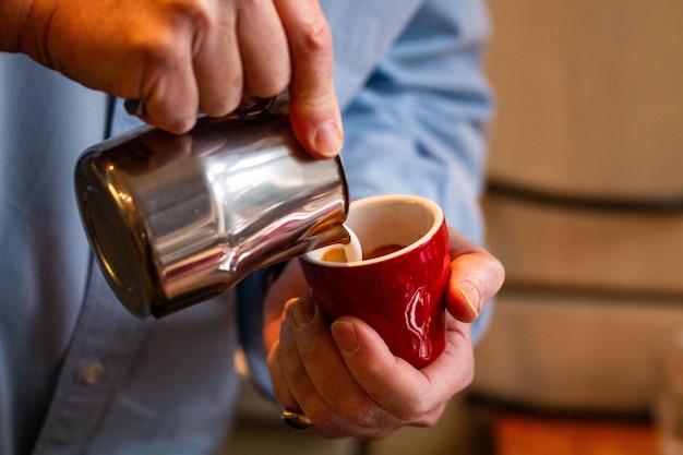 close-up of barista making coffee