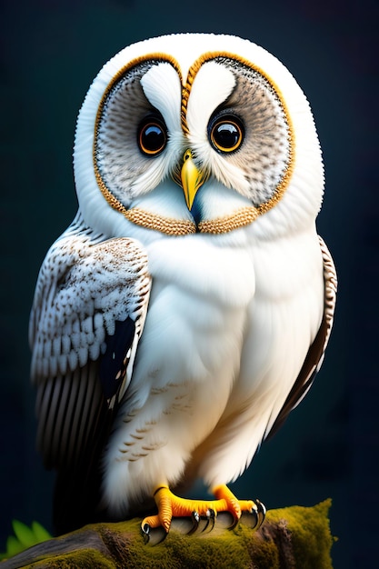 A close up of a barn owl with a black background