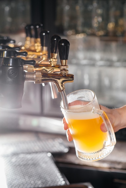 Close-up of the bartender filling a mug of light beer. The bar counter in the pub.