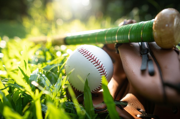 Близкий взгляд на бейсбольную биту и мяч на траве