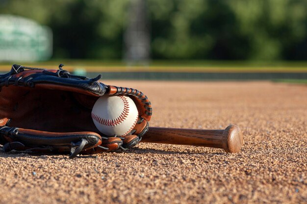 Close-up of baseball equipment on field