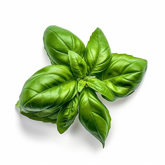 A close up of a basil leaf on a white background