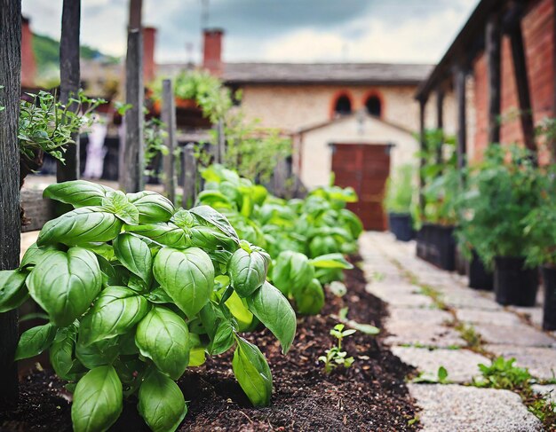 Foto prossimo piano di piante di basilico in un giardino di verdure urbano