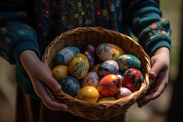 A close up of a basket filled with vibrant Easter eggs