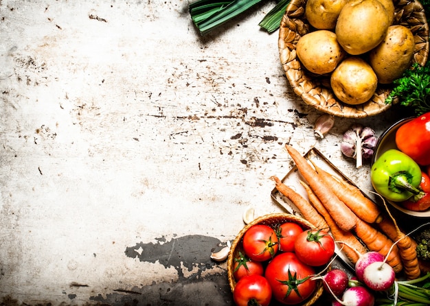 Close up on basket and fresh vegetables