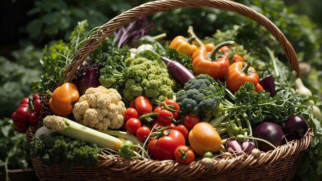 Photo a close up of a basket overflowing with a variety of freshly picked vegetables