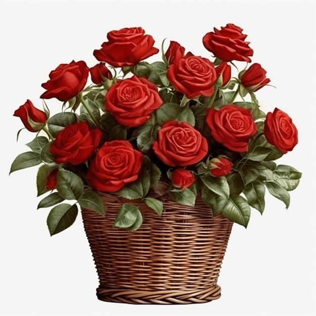 A close up of a basket with red roses in it generative ai