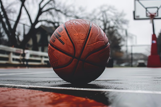 A close up of a basketball on a basketball court
