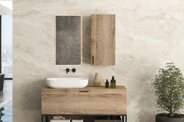 Close up bathroom furniture with white sink, accessories, marble wall, plant. Square mirror