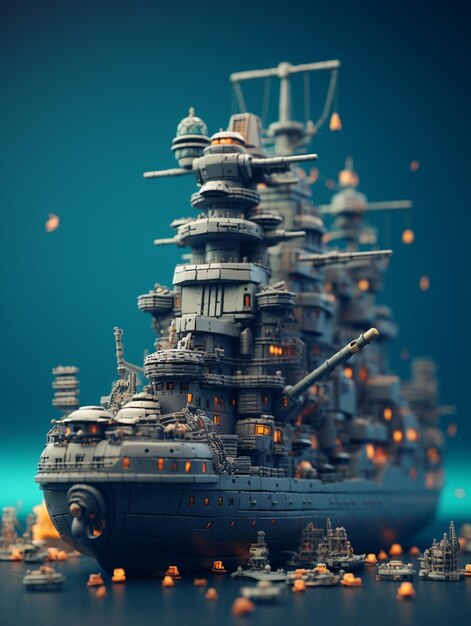 A close up of a battleship with many smaller ships in the background generative ai