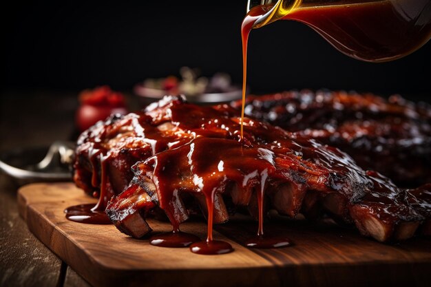 Foto close-up di costole da barbecue che vengono spalmate con la salsa su una tavola da taglio