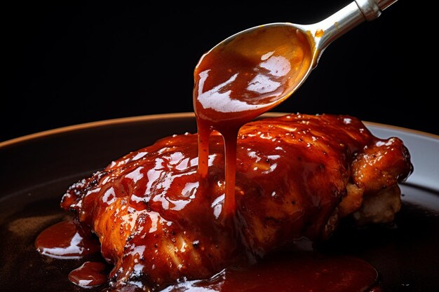 A close up of BBQ sauce being brushed onto chicken thighs